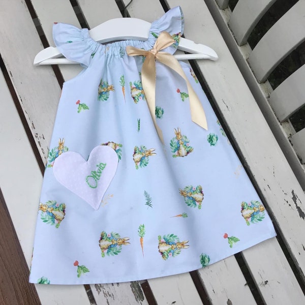 Exclusive! Peter Rabbit Baby Toddler Little Girl dress 100% cotton duck egg blue bow 0-3 / 3-6 / 6-12 / 12-18 months - age 2 3 4 5 6 years