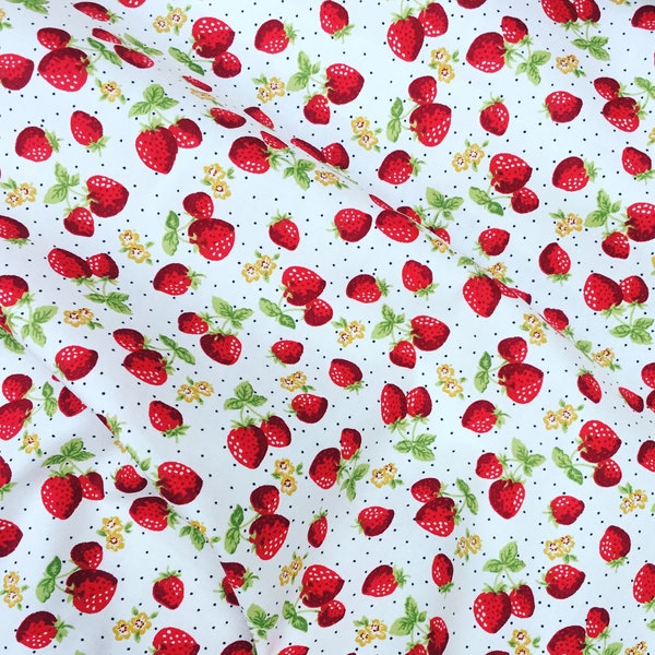 Ivory and red pretty cute summer strawberry 100% quality cotton Rose and Hubble fabric by HALF METRE