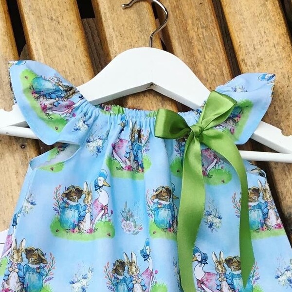 Peter Rabbit Jemima Tom kitten Baby Toddler Little Girls dress 100% cotton blue bow 0-3 / 3-6 / 6-12 / 12-18 months - age 2 3 4 5 6 years