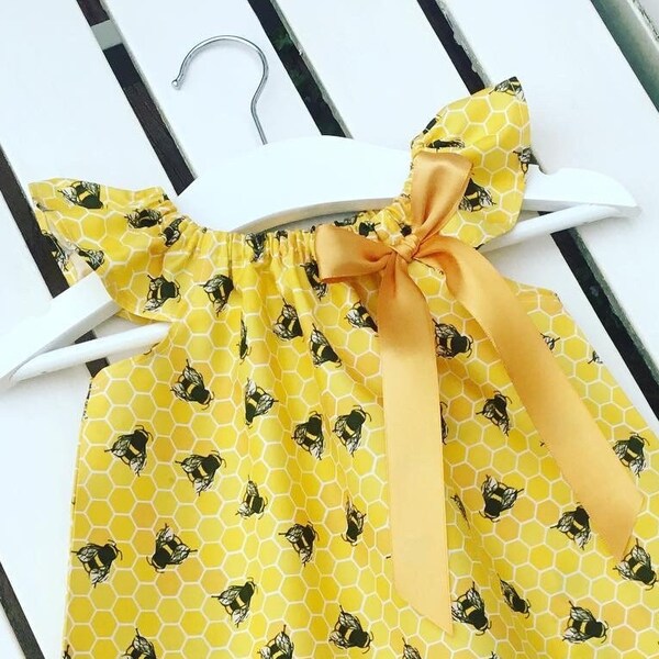 Yellow bumble bee honey bees Baby Toddler Little Girls DRESS cotton summer gold honeycomb bow 0-3 / 3-6 / 6-12 / 12 months to 2 3 4 5 6 year
