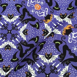 Glow in the Dark Halloween Fabric: Spooky Cats, Bats, Pumpkins - Lewis & Irene