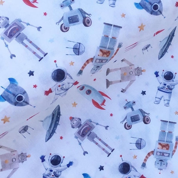 Extra large espace blanc robot astronaute fusées ufo extraterrestres étoiles 100% coton tissu quilting enfants garçons filles vêtements artisanat X HALF METER