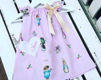 Pink Peter Rabbit Baby Toddler Little Girl dress 100% cotton short sleeve gold bow 0-3 / 3-6 / 6-12 / 12-18 months - age 2 3 4 5 6 years
