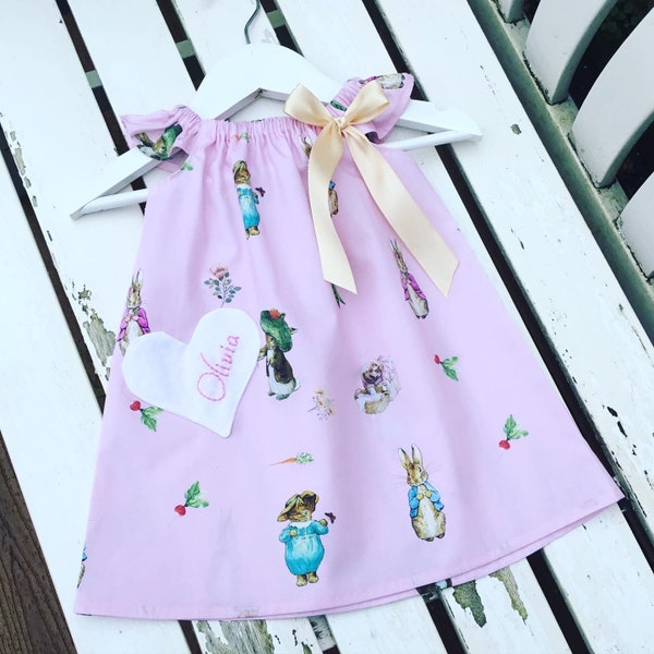 Pink Peter Rabbit Baby Toddler Little Girl dress 100% cotton short sleeve gold bow 0-3 / 3-6 / 6-12 / 12-18 months - age 2 3 4 5 6 years