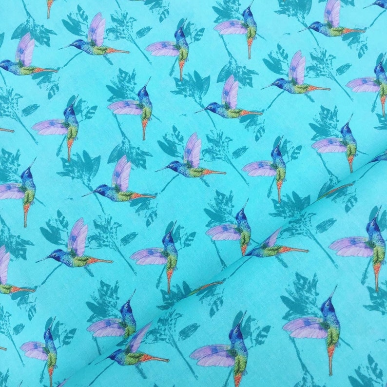 Hummingbird birds leaves pretty green dressmaking quilting quilt extra wide 100% cotton fabric material kids clothes x HALF METRE image 1