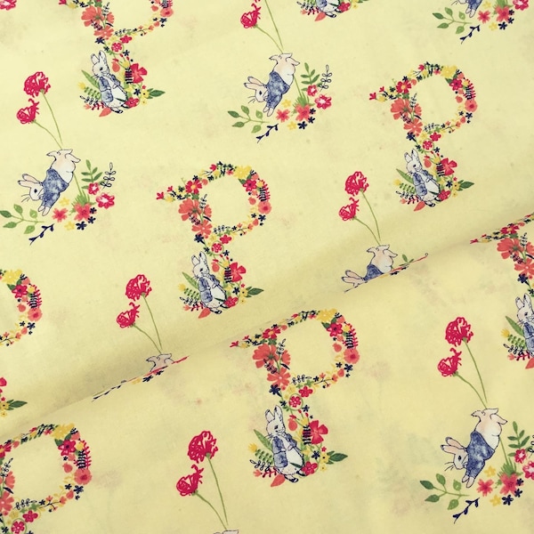 Peter Rabbit yellow flower wreaths characters Beatrix Potter 100% cotton fabric dressmaking crafts quilting patchwork clothing x HALF METRE
