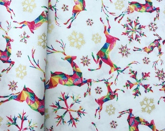 Red gold festive rainbow reindeer stag Christmas snowflake 100% cotton fabric dressmaking crafts quilting clothing crafts X HALF METRE