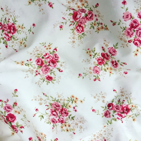 Ivory pink vintage style small pink roses flower floral 100% quality cotton fabric by Rose & Hubble X HALF METRE