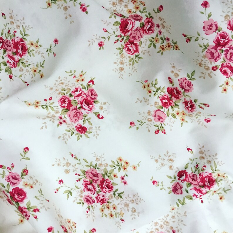 Ivory pink vintage style small pink roses flower floral 100% quality cotton fabric by Rose & Hubble X HALF METRE image 1