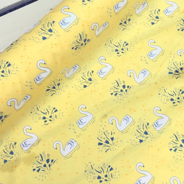 Lemon yellow and white swan swans flowers floral 100% cotton poplin fabric by Rose and Hubble dressmaking crafts quilting x HALF METRE