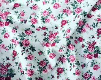 Beautiful red roses pretty floral rose cotton fabric by Rose and Hubble on an ivory white background by HALF METRE