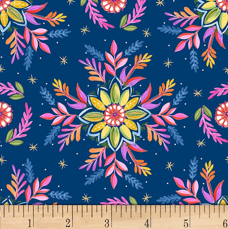Gypsy Dreams blue yellow pink floral flower leaves 100/% cotton bright multicoloured fabric material dressmaking crafts quilting X HALF METRE