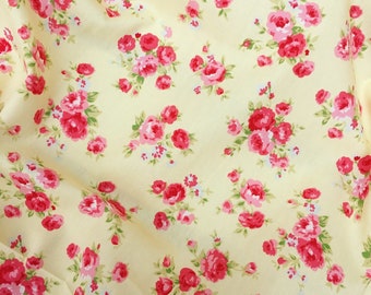 Vintage style lemon yellow red rose roses floral flower quality 100% cotton fabric Rose and Hubble dressmaking patchwork crafts X HALF METRE