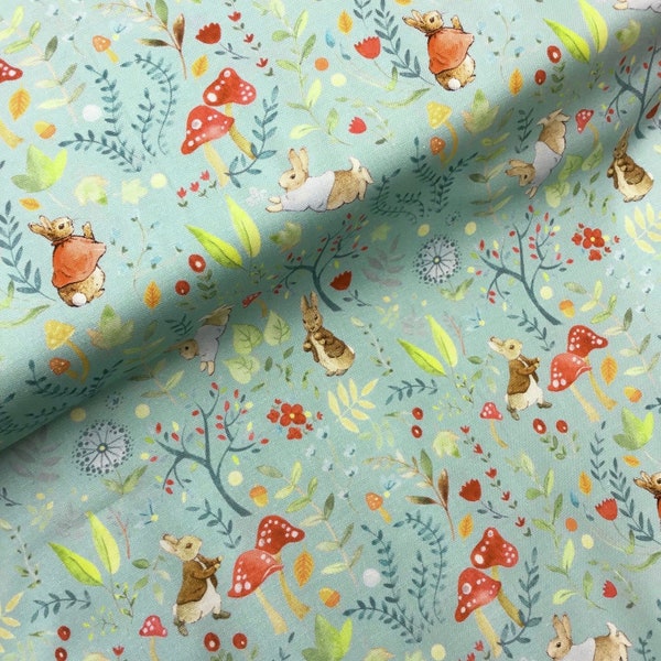 Organic Peter Rabbit green toadstool leaves characters Beatrix Potter 100% cotton fabric dressmaking crafts quilting x half metre