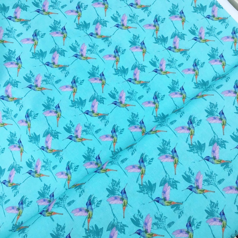 Hummingbird birds leaves pretty green dressmaking quilting quilt extra wide 100% cotton fabric material kids clothes x HALF METRE image 2