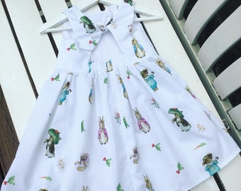 Peter Rabbit Baby Toddler Little Girls bow back tie back sleeveless sun summer dress 100% cotton in white 12-18 months - age 2 3 4 5 6 years