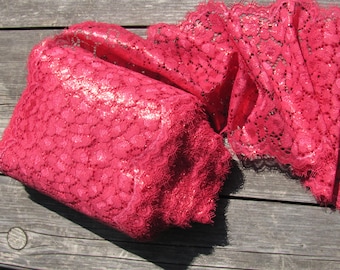 6&quot; Wide elastic lace by Yard, Hot Pink Glossy lingerie lace, headband lace. Wide lace yardage