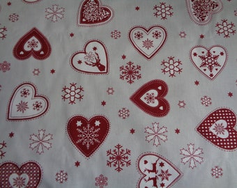 Christmas cotton tablecloth with Red Hearts, Snowflakes, Deer