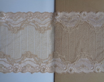 18cm / 7&quot; Wide Stretch Elastic Lace by Yard. Beige Lingerie Lace, Headband Lace, Boot Cuff Lace. Wide Lace Yardage