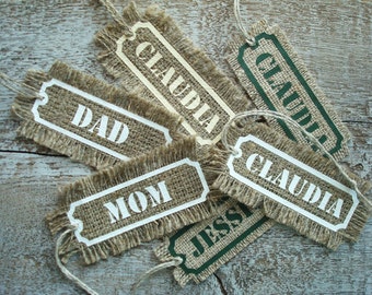 ONE Personalized Tag from Linen Burlap Fabric; Burlap Tag; Gift Tag; Christmas Stocking Tag; Personalized Gift Tag; Rustic Wedding Favor Tag