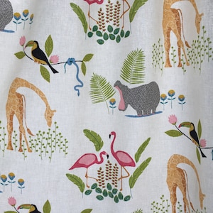 White cotton curtain with Jungle animals and birds. Custom kid&#39;s room safari curtain