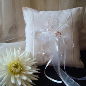 White Wedding Ring Bearer Pillow: Embroidered Floral, Freshwater Pearls