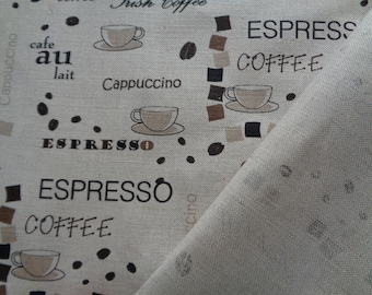 May include: Beige fabric with a repeating pattern of coffee cups and coffee beans. The text "ESPRESSO", "COFFEE", "Cappuccino", and "cafe au lait" is printed on the fabric.