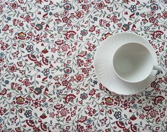 Cotton table cloth with tiny flowers; White, dark red and sage table topper