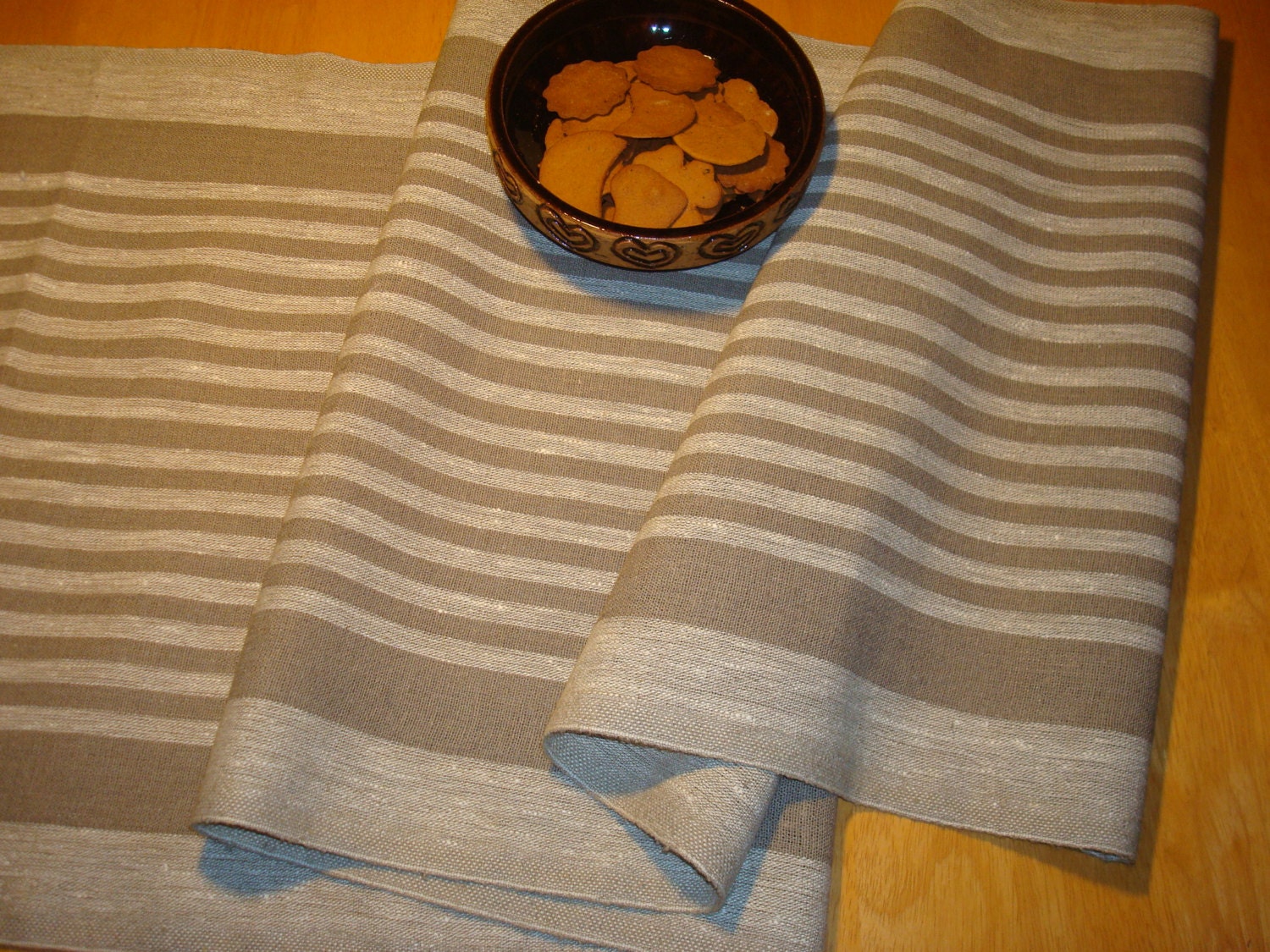19"x 57" Striped linen table runner; Taupe & ecru gray flax runner