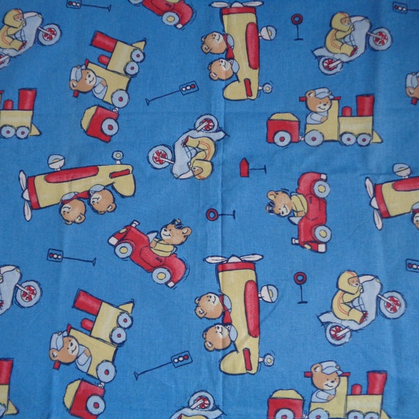W52"x H55" Cotton Curtain or 52" Square Tablecloth with Bears Travellers; Sky Blue Kid's Room Curtain with Bears Driving, Flying, Racing