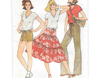 1970s BOHO SKIRT Top PANTS Shorts ~ Vintage Sewing Pattern ~ Size 11 12  Bust 32  Butterick 6084 ~ Gathered Tiered Skirt ~ Elastic Waistline