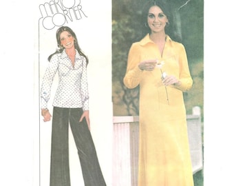 1970s Caftan Tunic Dress Pants Vintage Sewing Pattern ~ Marlo Thomas ~ Pullover Boho Maxi Dress ~ Top ~ Long Sleeves Cuffs ~ Size 12 Bust 34