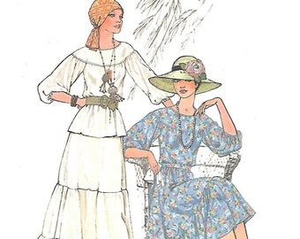 1970s Boho BLOUSE & SKIRT ~ Vintage Sewing Pattern ~ Two-Pc Dress in Two Lengths ~ Size 8 - 10 ~ Tiered Skirt with Ruffles ~ Garden Party