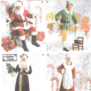 May include: A vintage sewing pattern for making Christmas costumes. The pattern includes instructions for making a Santa Claus, Mrs. Claus, an elf, and a Santa's helper costume. The pattern is from Andrea Schewe and Wrights.