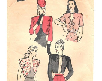 1940s BOLERO Jacket ~ Vintage Sewing Pattern ~ Misses' Size 16 Bust 38" ~ Butterick 3468 ~ Cap Short and Long Sleeves ~ Scalloped Front