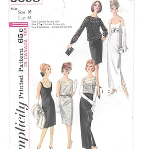 May include: Vintage Simplicity sewing pattern featuring illustrations of women's dresses. The pattern includes various dress styles, such as a black sheath dress, a silver lace dress, and a white gown with a bow. The pattern is size 16 with a bust size of 36 inches.