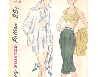 1950s Pin-Up Halter Bra Top ~ Pedal Pushers ~ Shorts ~ Beach Jacket ~ Vintage Sewing Pattern ~ Size 16 Bust 34 ~ Simplicity 3250