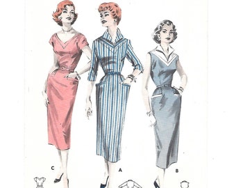 1950s Sheath DRESS ~ Rockabilly Wiggle Dress ~ Vintage Sewing Pattern Butterick 8060 Size 14 Bust 34  V-Bodice Detailing Below Elbow Sleeve