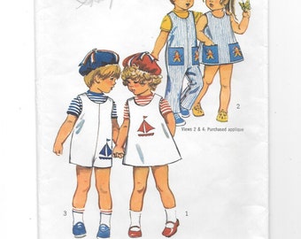 1970 Toddlers Summer Outfit ~ Jumpsuit Dress or Jumper & Hat ~ Size 1 Toddler ~ Vintage Sewing Pattern Sailboat Transfer  Jumpsuit 2 lengths