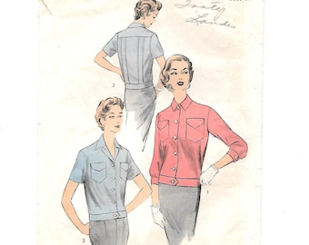 1950s Misses Middy BLOUSE Vintage Sewing Pattern ~ Advance 6685 Loosely fitted ~ Belt at Hipline ~ Button front Convertible Collar ~ Pockets