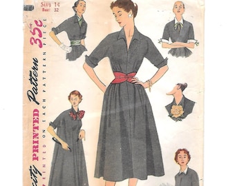 1950s DRESS Vintage Sewing Pattern ~ Size 14 Bust 32 ~ One-Pc Basic Dress with Detachable Collar Cuffs Belts Bow & Scarf ~ Simple to Make