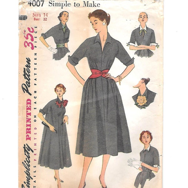 1950s DRESS Vintage Sewing Pattern ~ Size 14 Bust 32 ~ One-Pc Basic Dress with Detachable Collar Cuffs Belts Bow & Scarf ~ Simple to Make