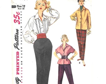 1950s Tapered  SLACKS Blouse OVERBLOUSE Vintage Sewing Pattern Size 16 Bust 34 ~ Simplicity 4464 Long or Short Sleeves Pointed Collar