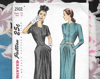 1940s DRESS ~ Vintage Sewing Pattern ~ Film Noir ~ Sweetheart Neckline ~ One-Piece Dress ~ Pockets Size 14 Bust 32 ~ Simplicity 2102 ~ UNCUT