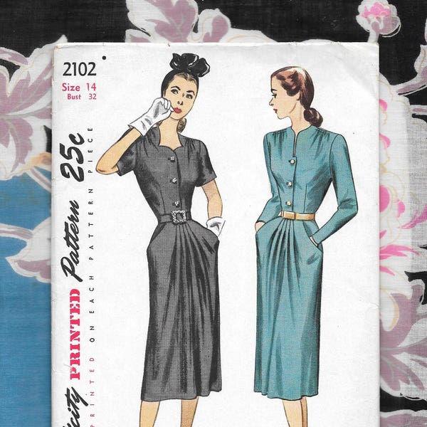 1940s DRESS ~ Vintage Sewing Pattern ~ Film Noir ~ Sweetheart Neckline ~ One-Piece Dress ~ Pockets Size 14 Bust 32 ~ Simplicity 2102 ~ UNCUT