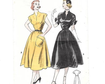 1950s Rockabilly DRESS Vintage Sewing Pattern ~ Butterick 6017 ~ Day or Cocktail Dress Cinched Waist, Flared Skirt ~ Turn Up Cuffs  Size 12