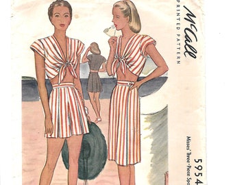 1940s Three-Piece Sports Ensemble ~ Front tied Crop Top ~ Shorts & Skirt  Vintage Sewing Pattern ~ McCall 5954 ~ Misses Size 12 Bust 30