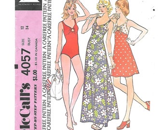 1970s DRESS Playdress SWIMSUIT Vintage Sewing Pattern ~ Size 12 Bust 34 ~ McCalls 4057 ~ Back Zipper Drawstring in casing tied in front EASY