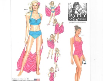 Vintage Style Two-Piece Swimsuit Bikini and Beach Cover-Up ~ Sewing Pattern ~ Sizes 6 - 14 ~ Stretch Knits only - Patty Reid Designs ~ UNCUT