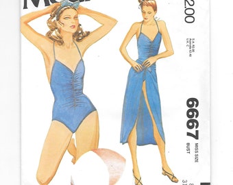 Vintage BATHING SUIT Sarong SKIRT sewing pattern ~ One Piece Swimsuit ~ Wrap Skirt ~ Miss Size 8  Bust 31 1/2 ~ McCalls 6667 ~ Uncut